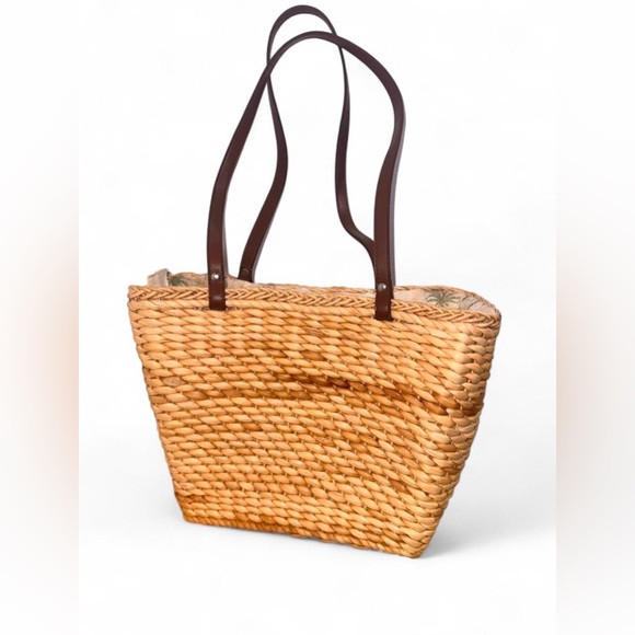 Vintage Woven Straw Tote with Brown Handles and Palm Tree Embroidery - Picture 6 of 8